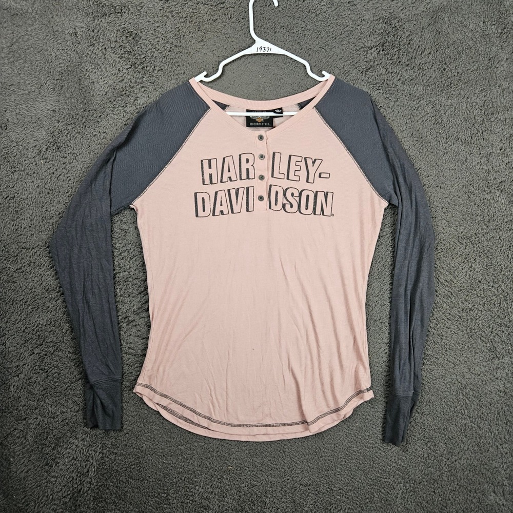 Harley Davidson Womens Pink Gray Raglan Henley Thermal Shirt Large Eagle Graphic